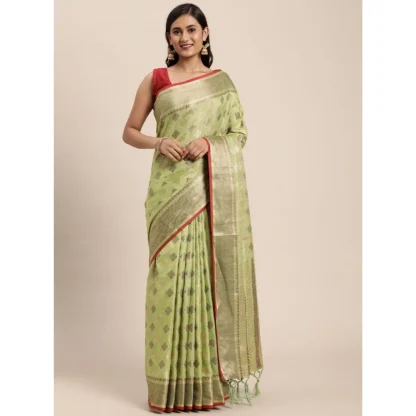 Generic Women's Chanderi Cotton Printed Saree With Unstitched Blouse (Pista, 5-6 Mtrs) - Image 2