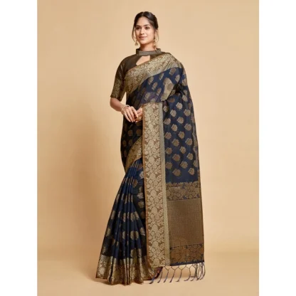 Generic Women's Chanderi Cotton Printed Saree With Unstitched Blouse (Navy, 5-6 Mtrs) - Image 2