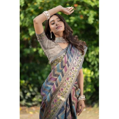 Generic Women's Organza Printed Saree With Unstitched Blouse (Teal, 5-6 Mtrs) - Image 3