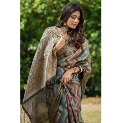 Generic Women's Organza Printed Saree With Unstitched Blouse (Grey, 5-6 Mtrs) - Image 3