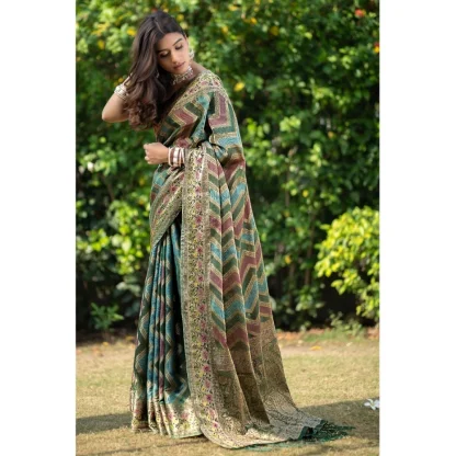 Generic Women's Organza Printed Saree With Unstitched Blouse (Green, 5-6 Mtrs) - Image 4