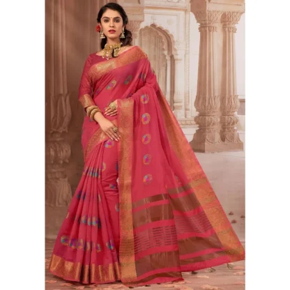 Generic Women's Chanderi Cotton Printed Saree With Unstitched Blouse (Pink, 5-6 Mtrs)