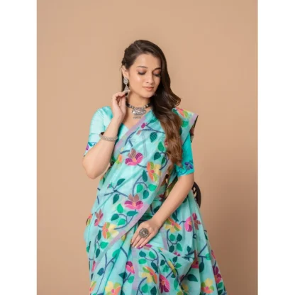 Generic Women's Cotton Printed Saree With Unstitched Blouse (Sky Blue, 5-6 Mtrs) - Image 5