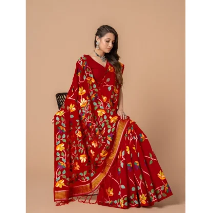 Generic Women's Cotton Printed Saree With Unstitched Blouse (Red, 5-6 Mtrs) - Image 4