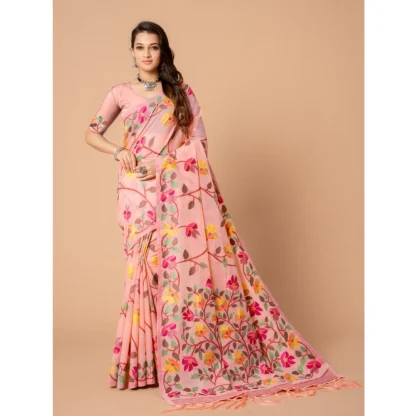 Generic Women's Cotton Printed Saree With Unstitched Blouse (Pink, 5-6 Mtrs) - Image 2