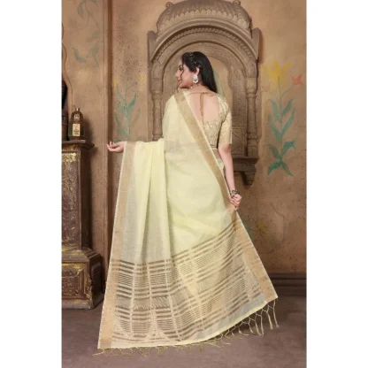 Generic Women's Soft Linen Striped Saree With Unstitched Blouse (Off-White, 5-6 Mtrs) - Image 3