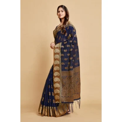 Generic Women's Chanderi Cotton Printed Saree With Unstitched Blouse (Navy Blue, 5-6 Mtrs) - Image 3