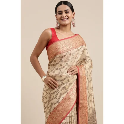 Generic Women's Chanderi Cotton Printed Saree With Unstitched Blouse (Beige, 5-6 Mtrs) - Image 2