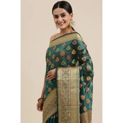 Generic Women's Organza Printed Saree With Unstitched Blouse (Sea Green, 5-6 Mtrs) - Image 2