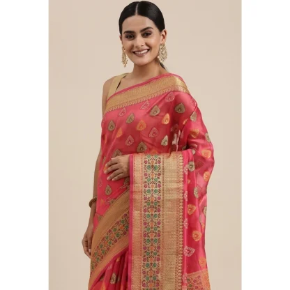 Generic Women's Organza Printed Saree With Unstitched Blouse (Pink, 5-6 Mtrs) - Image 2