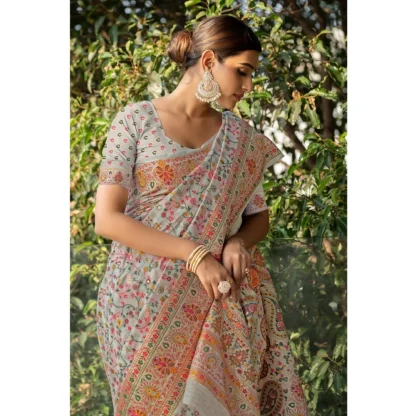 Generic Women's Linen Printed Saree With Unstitched Blouse (Off-White, 5-6 Mtrs) - Image 3