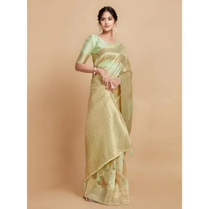 Generic Women's Linen Printed Saree With Unstitched Blouse (Pista, 5-6 Mtrs) - Image 4