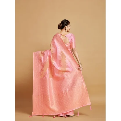 Generic Women's Linen Printed Saree With Unstitched Blouse (Pink, 5-6 Mtrs) - Image 3