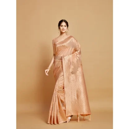 Generic Women's Linen Printed Saree With Unstitched Blouse (Peach, 5-6 Mtrs) - Image 2