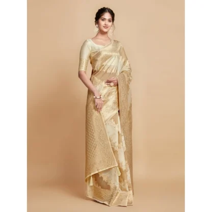 Generic Women's Linen Printed Saree With Unstitched Blouse (Beige, 5-6 Mtrs) - Image 4