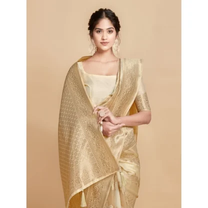 Generic Women's Linen Printed Saree With Unstitched Blouse (Beige, 5-6 Mtrs) - Image 3