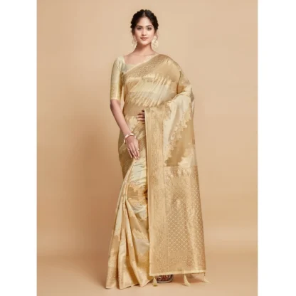 Generic Women's Linen Printed Saree With Unstitched Blouse (Beige, 5-6 Mtrs) - Image 2