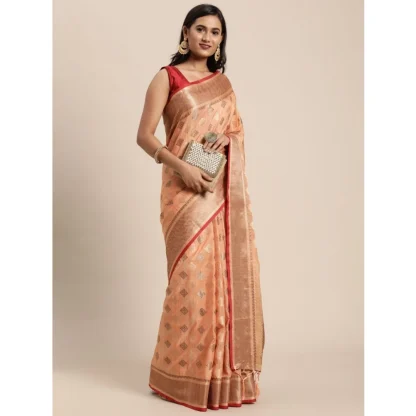 Generic Women's Chanderi Cotton Printed Saree With Unstitched Blouse (Orange, 5-6 Mtrs) - Image 3