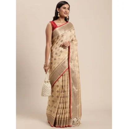 Generic Women's Chanderi Cotton Printed Saree With Unstitched Blouse (Beige, 5-6 Mtrs) - Image 3