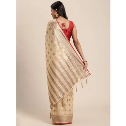 Generic Women's Chanderi Cotton Printed Saree With Unstitched Blouse (Beige, 5-6 Mtrs) - Image 4