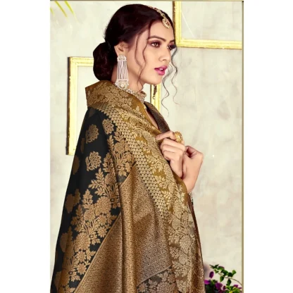 Generic Women's Chanderi Cotton Printed Saree With Unstitched Blouse (Black, 5-6 Mtrs) - Image 3