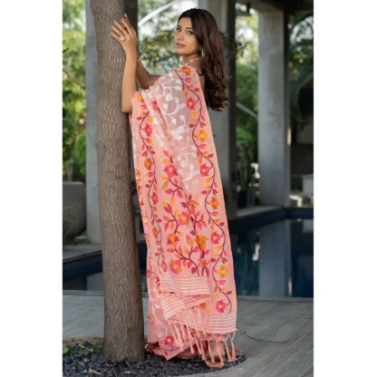 Generic Women's Cotton Printed Saree With Unstitched Blouse (Peach, 5-6 Mtrs) - Image 2