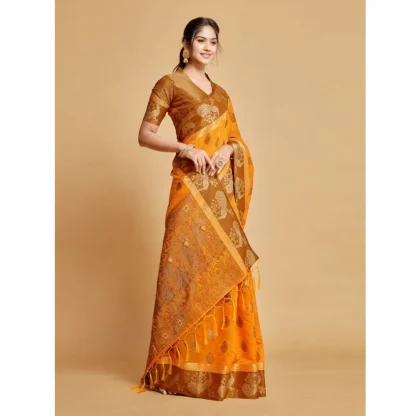 Generic Women's Organza Printed Saree With Unstitched Blouse (Mustard, 5-6 Mtrs) - Image 3