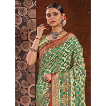 Generic Women's Organza Printed Saree With Unstitched Blouse (Sea Green, 5-6 Mtrs) - Image 2