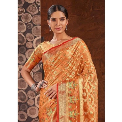 Generic Women's Organza Printed Saree With Unstitched Blouse (Orange, 5-6 Mtrs) - Image 2