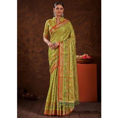 Generic Women's Organza Printed Saree With Unstitched Blouse (Parrot Green, 5-6 Mtrs)