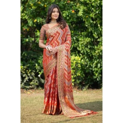 Generic Women's Organza Printed Saree With Unstitched Blouse (Orange, 5-6 Mtrs)