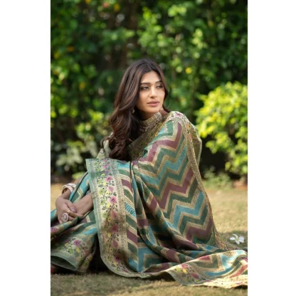 Generic Women's Organza Printed Saree With Unstitched Blouse (Green, 5-6 Mtrs) - Image 2