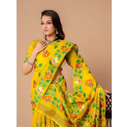 Generic Women's Cotton Printed Saree With Unstitched Blouse (Yellow, 5-6 Mtrs) - Image 5