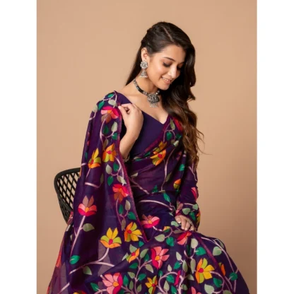 Generic Women's Cotton Printed Saree With Unstitched Blouse (Wine, 5-6 Mtrs) - Image 5