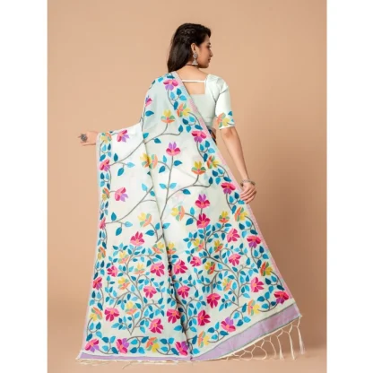 Generic Women's Cotton Printed Saree With Unstitched Blouse (White, 5-6 Mtrs) - Image 5