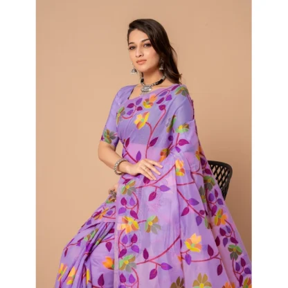 Generic Women's Cotton Printed Saree With Unstitched Blouse (Lavender, 5-6 Mtrs) - Image 5