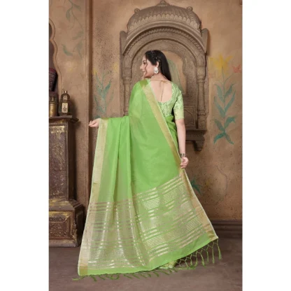 Generic Women's Soft Linen Striped Saree With Unstitched Blouse (Green, 5-6 Mtrs) - Image 3