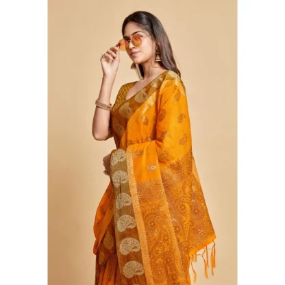 Generic Women's Chanderi Cotton Printed Saree With Unstitched Blouse (Mustard, 5-6 Mtrs) - Image 3