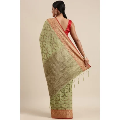 Generic Women's Chanderi Cotton Printed Saree With Unstitched Blouse (Pista, 5-6 Mtrs) - Image 4