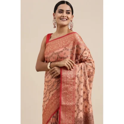 Generic Women's Chanderi Cotton Printed Saree With Unstitched Blouse (Peach, 5-6 Mtrs) - Image 2