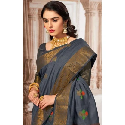 Generic Women's Linen Printed Saree With Unstitched Blouse (Grey, 5-6 Mtrs) - Image 2