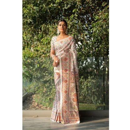 Generic Women's Linen Printed Saree With Unstitched Blouse (Off-White, 5-6 Mtrs) - Image 2