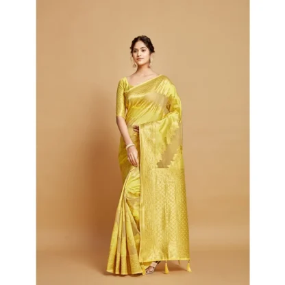 Generic Women's Linen Printed Saree With Unstitched Blouse (Yellow, 5-6 Mtrs) - Image 2