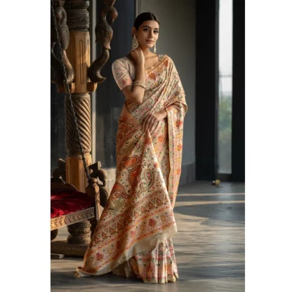 Generic Women's Linen Printed Saree With Unstitched Blouse (Beige, 5-6 Mtrs) - Image 4