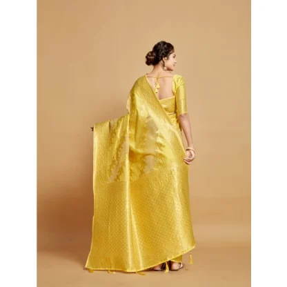 Generic Women's Linen Printed Saree With Unstitched Blouse (Yellow, 5-6 Mtrs) - Image 3