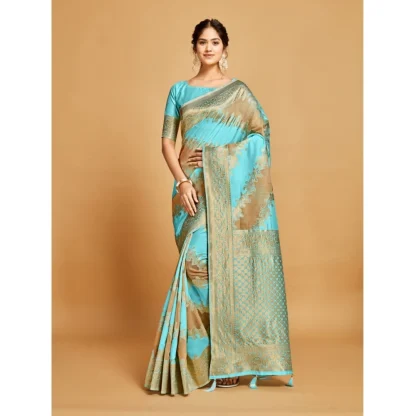 Generic Women's Linen Printed Saree With Unstitched Blouse (Sky Blue, 5-6 Mtrs) - Image 2