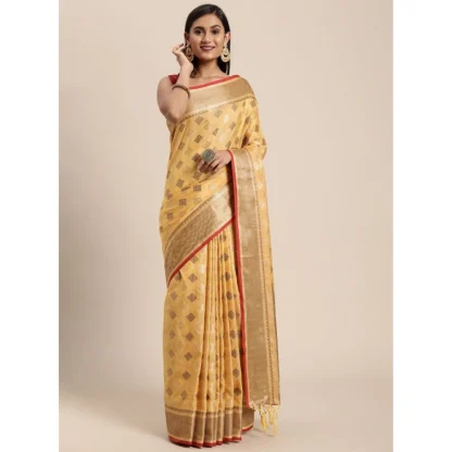 Generic Women's Chanderi Cotton Printed Saree With Unstitched Blouse (Yellow, 5-6 Mtrs) - Image 2