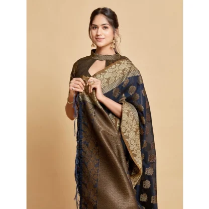 Generic Women's Chanderi Cotton Printed Saree With Unstitched Blouse (Navy, 5-6 Mtrs) - Image 3