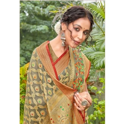 Generic Women's Organza Printed Saree With Unstitched Blouse (Grey, 5-6 Mtrs) - Image 2