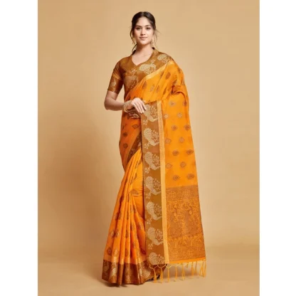 Generic Women's Organza Printed Saree With Unstitched Blouse (Mustard, 5-6 Mtrs) - Image 2